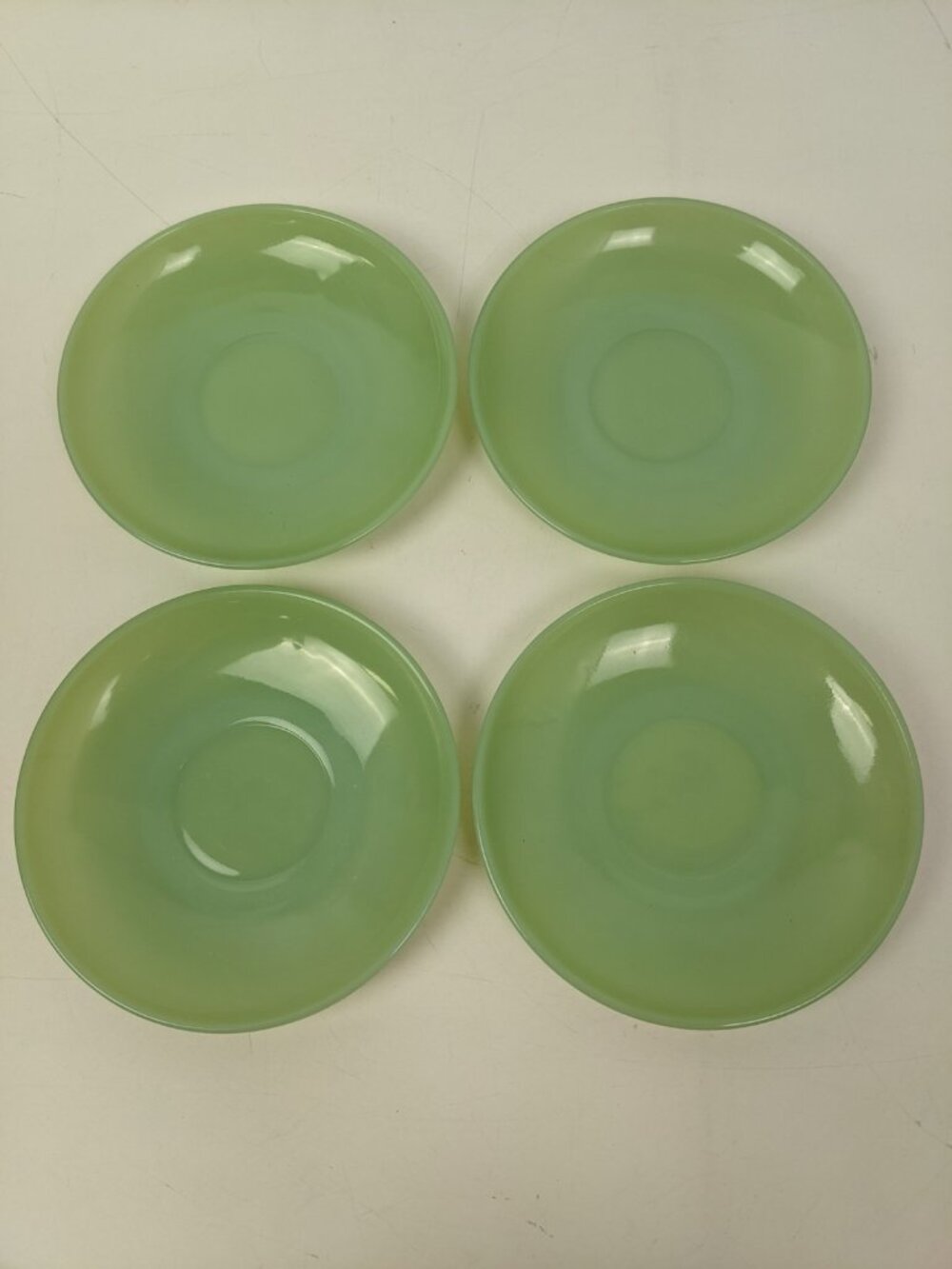 Vintage 4 Fire King Jadeite Restaurant Ware Oven Glass 5-7/8" Inch Saucer Set